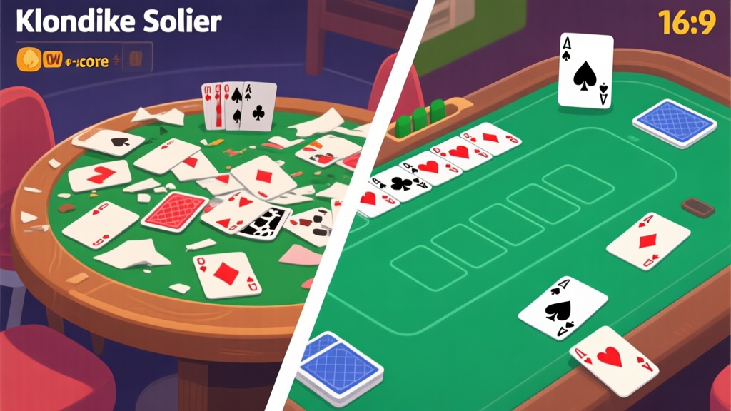 A split-screen illustration showing a messy Klondike Solitaire table on the left with a low score, and a perfectly organized table on the right with a very high score, in a clean digital card game aesthetic high quality illustration, detailed, 16:9