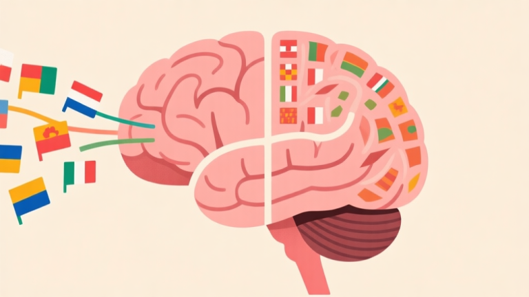 自动生成图片: A stylized, minimalist illustration of a brain divided into sections, with colorful flag icons flowing into one lobe and organized patterns flowing out of the other, on a soft beige background high quality illustration, detailed, 16:9