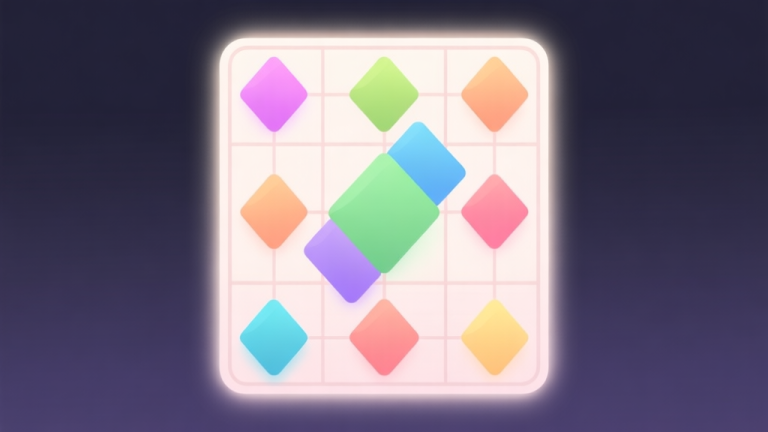 自动生成图片: A clean, minimalist game grid showing various colored rhombus shapes connected in a matching puzzle, with soft pastel colors and subtle glow effects, flat design style high quality illustration, detailed, 16:9