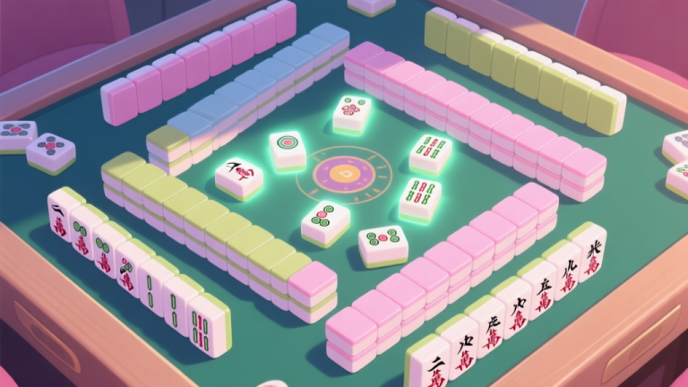 自动生成图片: A top-down view of a complex Sweety Mahjong solitaire board with pastel-colored tiles, some tiles are glowing to indicate strategic moves, soft shadows, cozy and slightly challenging atmosphere high quality illustration, detailed, 16:9