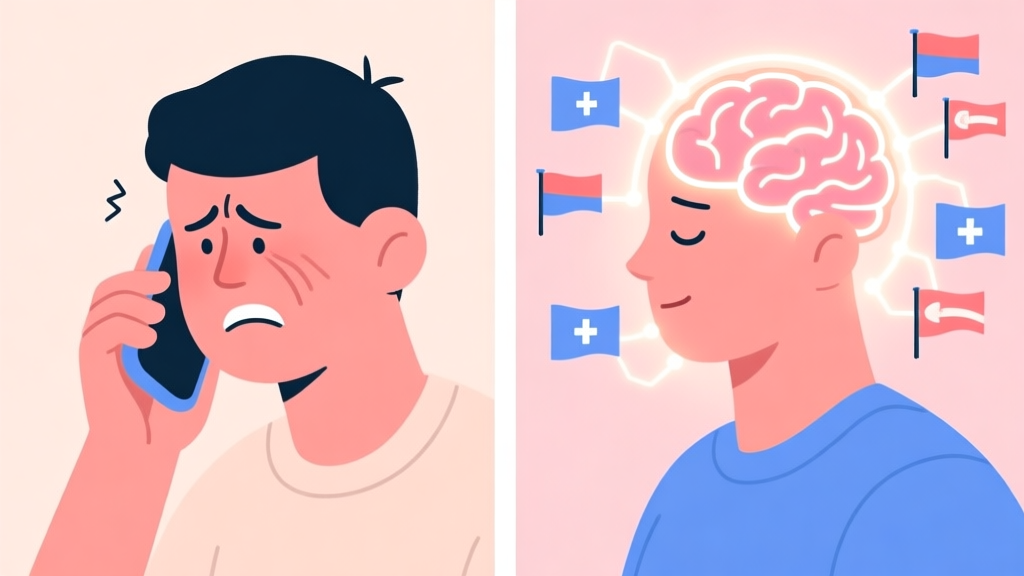 A split-screen illustration showing a frustrated person on a phone on one side, and a calm, confident person with glowing brain connections and flag icons on the other, in a soft pastel color scheme high quality illustration, detailed, 16:9
