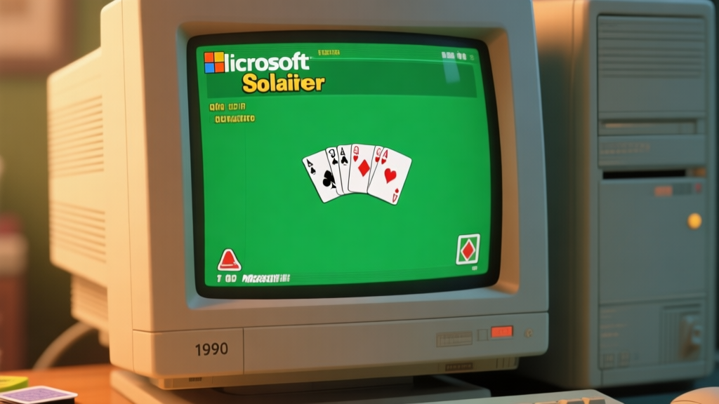 A nostalgic desktop computer screen from the 1990s showing the classic green background and card game of Microsoft Solitaire, with soft focus and warm lighting, evoking a sense of memory and simplicity high quality illustration, detailed, 16:9