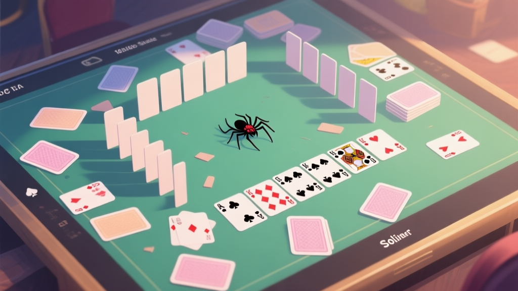 A top-down view of a messy Spider Solitaire tableau on a digital screen, with some empty columns and a few completed suits, soft natural lighting, pastel card backs high quality illustration, detailed, 16:9