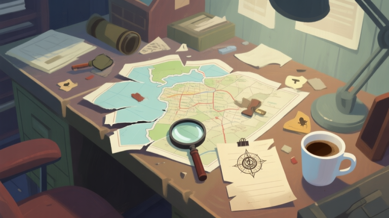 自动生成图片: A messy detective's desk in a video game, with scattered clues like a torn map, a magnifying glass, a cryptic note, and a cup of coffee, all rendered in a soft, painterly style with muted colors high quality illustration, detailed, 16:9