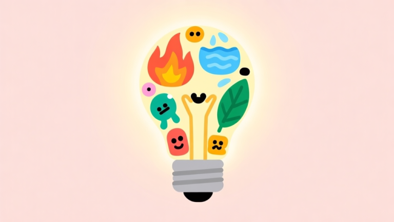 自动生成图片: A minimalist, playful illustration of a glowing lightbulb made from various Doodle God elements like fire, water, and leaf, on a soft pastel background, flat design style high quality illustration, detailed, 16:9