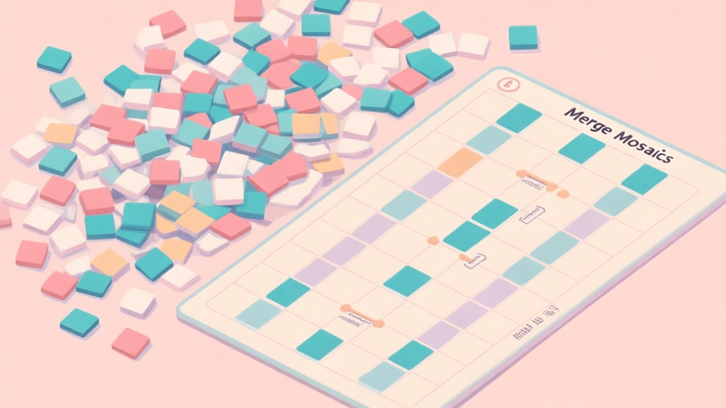 A top-down view of a Merge Mosaics game board in soft pastel colors, showing a cluttered arrangement of low-level mosaic pieces next to a neatly organized board with clear merge paths, illustrating the concept of strategic planning versus random merging high quality illustration, detailed, 16:9