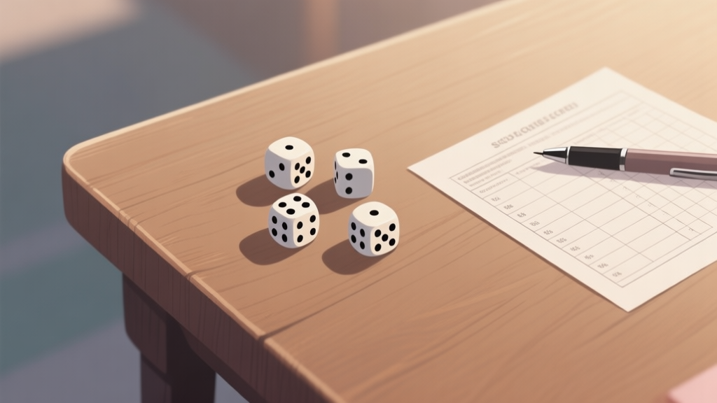 A top-down view of a wooden table with five dice showing a mixed result (like 1, 3, 4, 4, 6), a scoresheet with pen beside it, soft natural lighting, muted color palette high quality illustration, detailed, 16:9