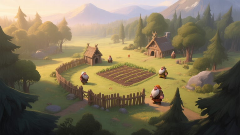 自动生成图片: A serene but strategic top-down view of a new player's settlement in a fantasy forest clearing, with a small wooden stockade, a farm plot, and a few dwarven villagers. The art style is soft painted, with warm morning light and a subtle hint of distant mountains, conveying both peace and potential danger. high quality illustration, detailed, 16:9