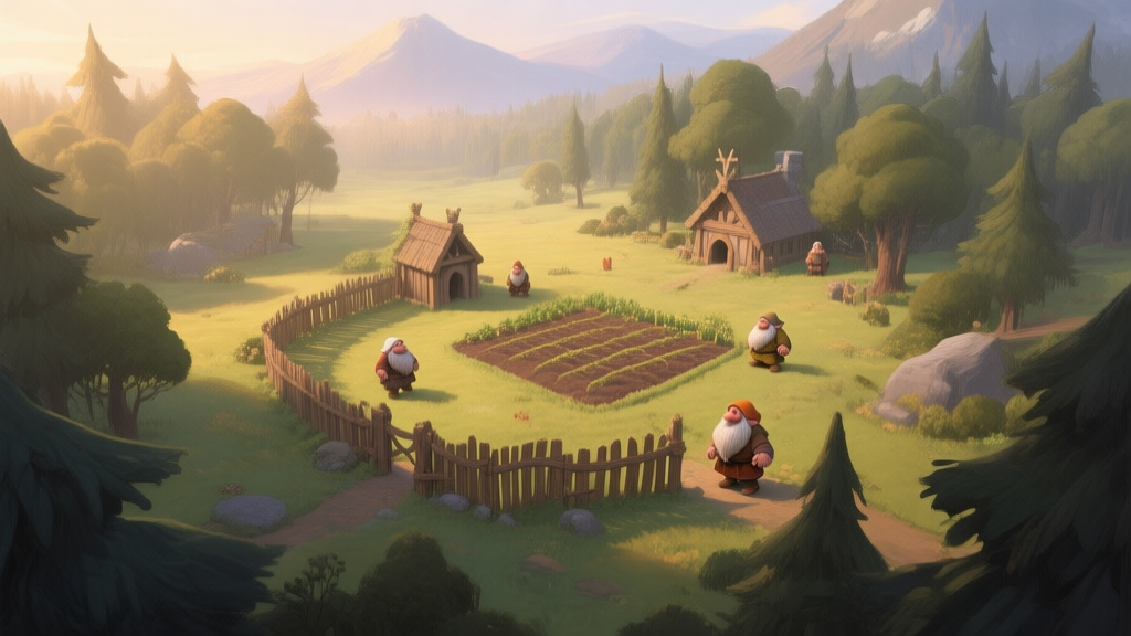 A serene but strategic top-down view of a new player's settlement in a fantasy forest clearing, with a small wooden stockade, a farm plot, and a few dwarven villagers. The art style is soft painted, with warm morning light and a subtle hint of distant mountains, conveying both peace and potential danger. high quality illustration, detailed, 16:9