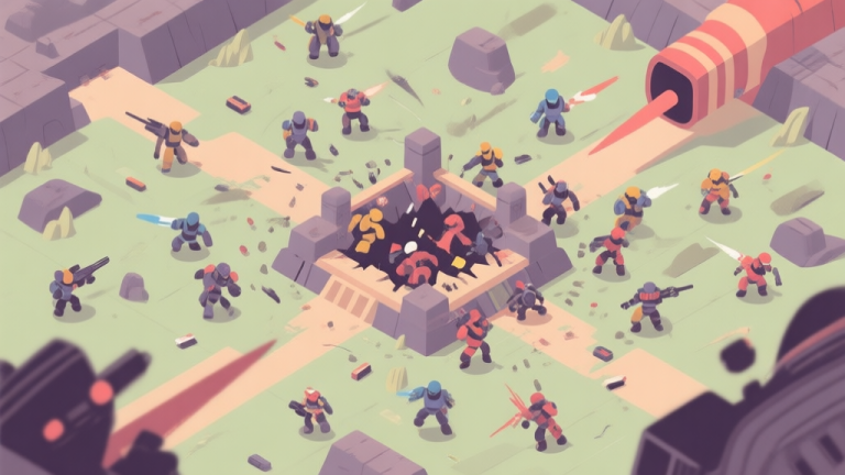 自动生成图片: A top-down view of a chaotic microwars battlefield, a small base being overrun by diverse enemy units from multiple directions, soft muted colors, flat design style high quality illustration, detailed, 16:9