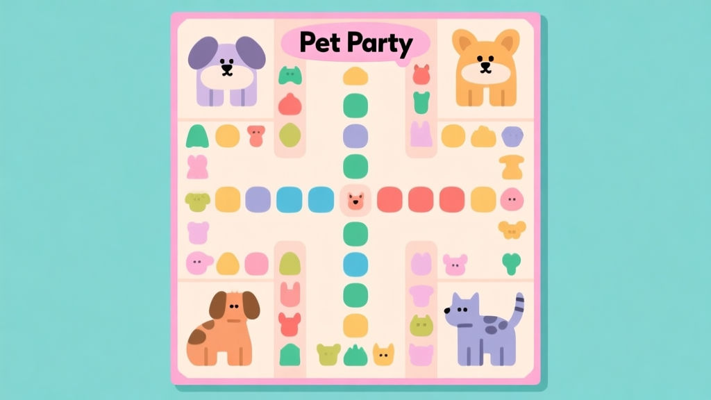 A top-down view of a vibrant, organized Pet Party game board with columns of different colored and shaped animal pets, soft pastel color scheme, clean and strategic arrangement, flat design style high quality illustration, detailed, 16:9