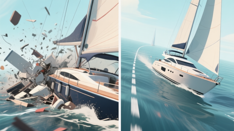 自动生成图片: Split-screen image contrasting a chaotic yacht crash at a turn with a sleek yacht taking the perfect racing line, in a simulation game style, soft ocean color palette high quality illustration, detailed, 16:9