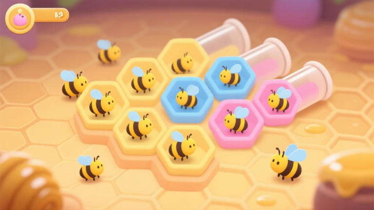自动生成图片: A cozy, inviting game interface screenshot style image of a honeycomb puzzle game. Soft pastel colored bees (yellow, blue, pink) are neatly arranged in some tubes, with a few out of place. The background is warm and soft-focus, with a subtle honeycomb texture. high quality illustration, detailed, 16:9