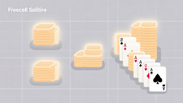 自动生成图片: A clean, minimalist digital illustration of a Freecell Solitaire game in progress, showing four free cells, four home foundation piles, and a cascading tableau. Key cards are highlighted with soft glow, on a light grey background with subtle grid lines, flat design style high quality illustration, detailed, 16:9
