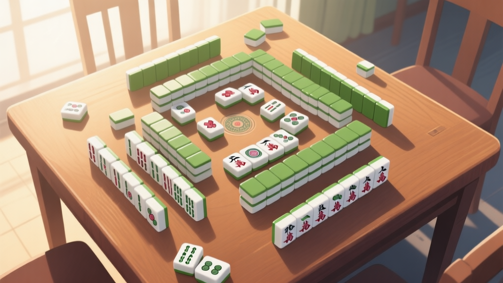 A top-down view of a partially solved Mahjong Cards layout on a wooden table, soft morning light, some tiles are matched and removed leaving pathways, others remain blocked, calm and analytical mood high quality illustration, detailed, 16:9