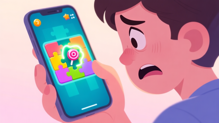 自动生成图片: A frustrated player looking at a colorful puzzle game screen on a mobile phone, with one missing candy highlighted by a glowing outline, soft pastel background high quality illustration, detailed, 16:9