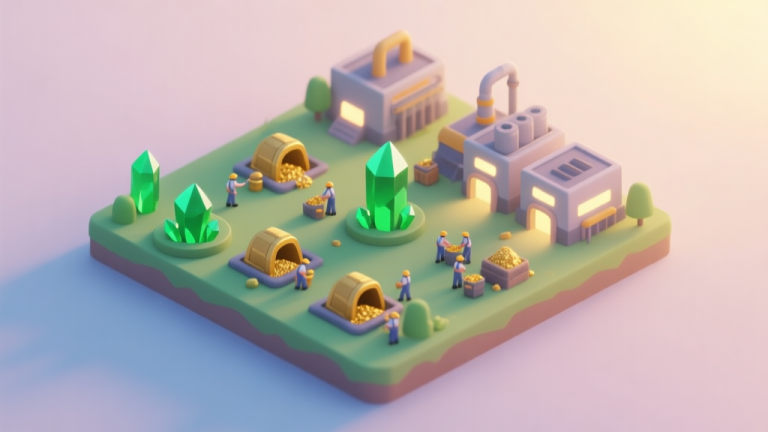 自动生成图片: A minimalist isometric view of a vibrant game base at dawn, showing resource nodes (green crystals, gold mines), tiny workers gathering, and production buildings with soft glow, in a calm pastel color palette with soft shadows high quality illustration, detailed, 16:9
