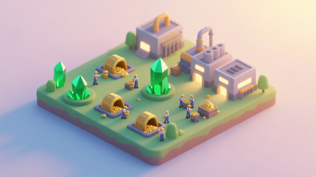 A minimalist isometric view of a vibrant game base at dawn, showing resource nodes (green crystals, gold mines), tiny workers gathering, and production buildings with soft glow, in a calm pastel color palette with soft shadows high quality illustration, detailed, 16:9