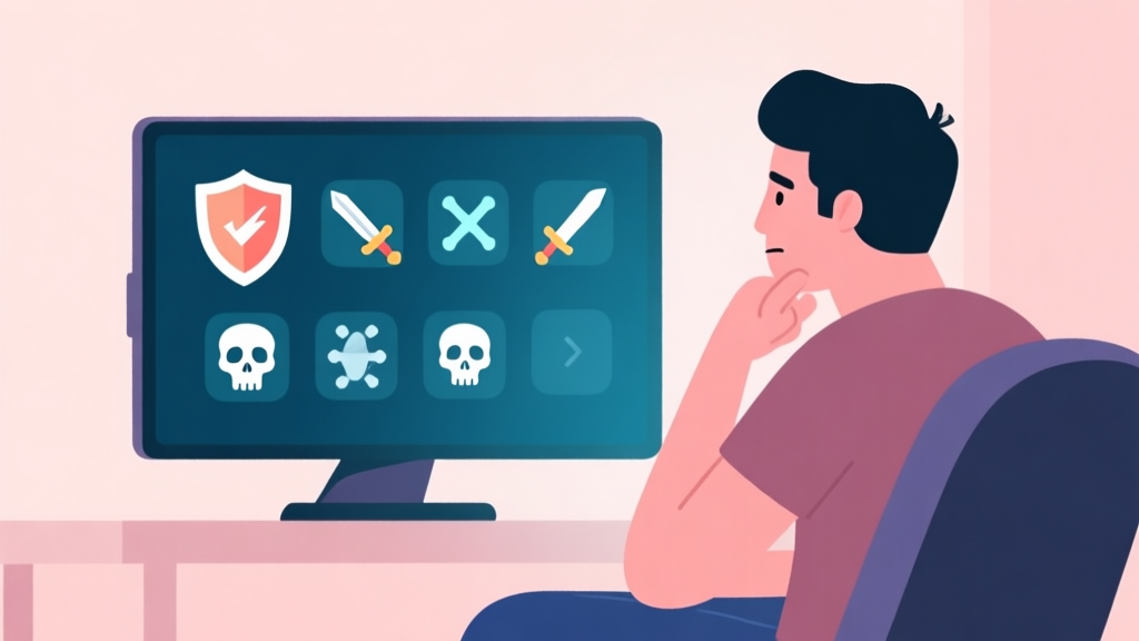 A minimalist illustration of a gamer sitting in front of a screen showing multiple difficulty selection icons (shield, sword, skull), with a thoughtful expression, soft pastel background high quality illustration, detailed, 16:9