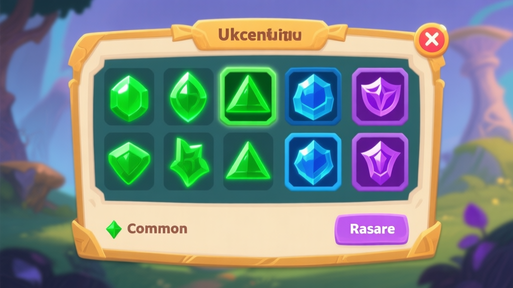 A vibrant game inventory screen showing a mix of common (green), uncommon (blue), and rare (purple) items, with the green items glowing subtly. Soft fantasy background, clean UI design. high quality illustration, detailed, 16:9