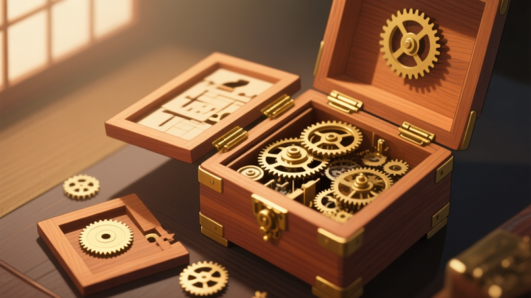自动生成图片: A complex yet elegant Japanese karakuri puzzle box made of warm-toned wood and brass, partially solved with some gears and panels open, revealing intricate inner mechanisms. The lighting is soft and focused, creating a sense of mystery and intellectual challenge. high quality illustration, detailed, 16:9