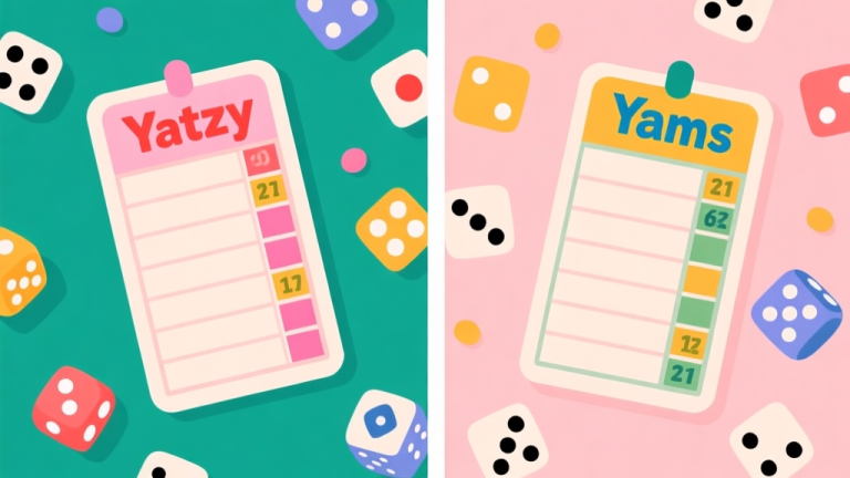 自动生成图片: A split-screen illustration showing two different colorful scorecards for dice games, one labeled Yatzy and the other Yams, with dice scattered around, in a flat design style with soft pastel colors high quality illustration, detailed, 16:9