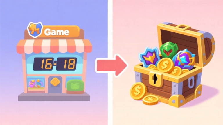 自动生成图片: Split-screen illustration showing a generic game store countdown timer on one side, and a treasure chest full of exclusive in-game items, skins, and currency on the other, with an arrow connecting them, in a soft pastel color palette high quality illustration, detailed, 16:9