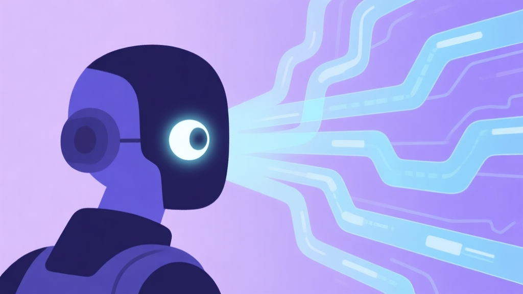 A stylized, minimalist illustration of a game character with one eye glowing, looking at multiple translucent, branching future timelines. Soft purple and blue color scheme, flat design style high quality illustration, detailed, 16:9