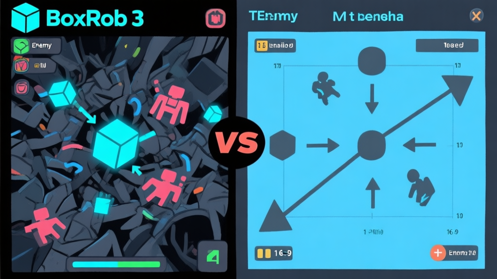 Side-by-side comparison of a chaotic game screen from BoxRob 3 with enemy highlight overlays, and a clean, analytical diagram showing enemy movement patterns with arrows and timing indicators, in a cool blue and dark grey color scheme high quality illustration, detailed, 16:9