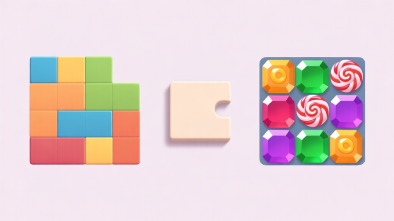 自动生成图片: A clean, minimalist side-by-side comparison of abstract puzzle game pieces on a soft pastel background. On the left, geometric blocks like in Blokus, on the right, colorful matching gems like in Candy Crush, with a neutral Bloku-style block in the center connecting them high quality illustration, detailed, 16:9