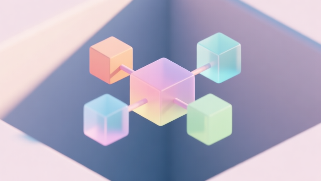 A minimalist, isometric 3D illustration of colorful, translucent geometric blocks floating and connecting in mid-air, soft pastel color palette, clean shadows, sense of spatial puzzle high quality illustration, detailed, 16:9