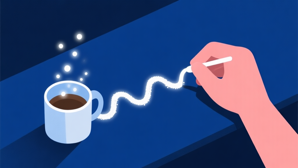 A minimalist game scene showing a hand drawing a white sugar flow line on a dark blue background, with a cup waiting to be filled, soft glowing particles, flat design style high quality illustration, detailed, 16:9