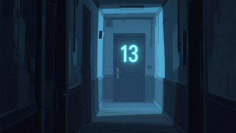 自动生成图片: A dark, atmospheric game screen showing a dimly lit corridor with the number "13" glowing ominously on a distant door, soft shadows, muted color palette of blues and grays high quality illustration, detailed, 16:9