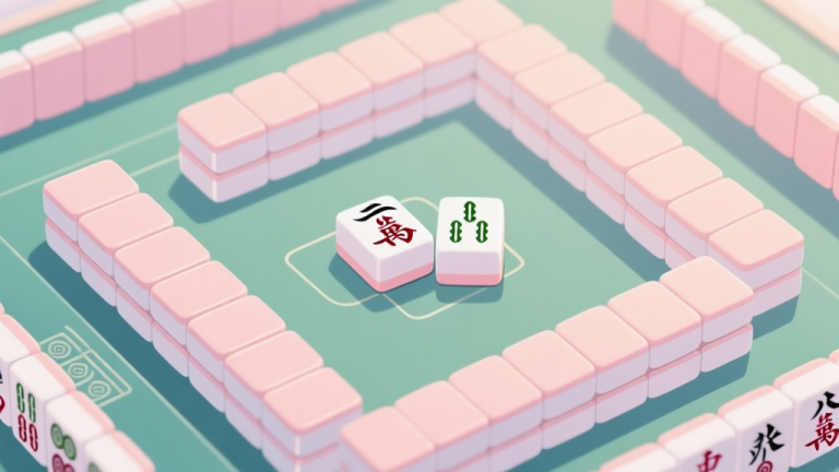 自动生成图片: A top-down view of a Mahjong King game board in soft pastel colors, showing a near-complete puzzle with one obvious matching pair highlighted, creating a sense of calm and clarity high quality illustration, detailed, 16:9