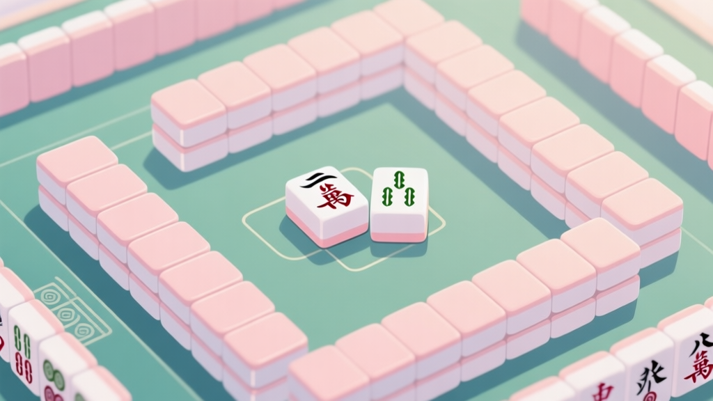 A top-down view of a Mahjong King game board in soft pastel colors, showing a near-complete puzzle with one obvious matching pair highlighted, creating a sense of calm and clarity high quality illustration, detailed, 16:9