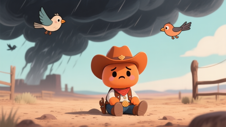 自动生成图片: A cute, worried orange with a cowboy hat sitting on dusty ground, dark storm clouds and cartoonish birds looming above, in a soft pastel Wild West color palette high quality illustration, detailed, 16:9