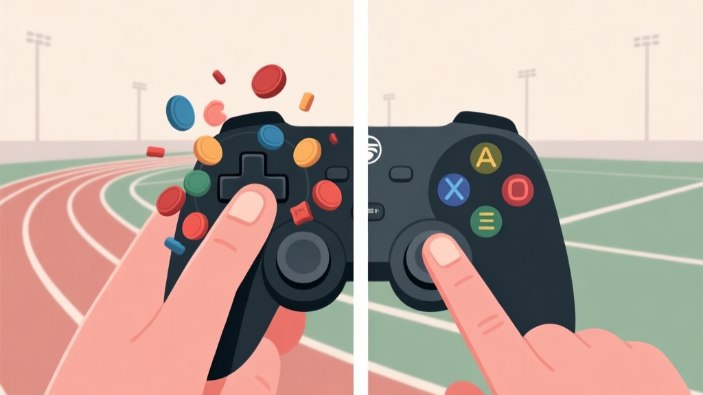Split-screen comparison of a chaotic button-mashing hand versus a calm, strategic finger placement on a game controller, with a minimalist track field visualization in the background, soft muted colors high quality illustration, detailed, 16:9