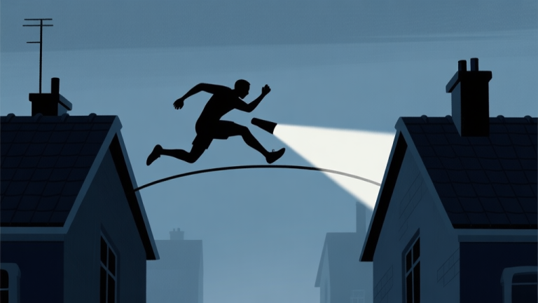 自动生成图片: A silhouetted runner character mid-vault between two dark rooftops, with a sweeping searchlight barely missing them, muted dark blue and grey color palette, sense of tension and movement high quality illustration, detailed, 16:9