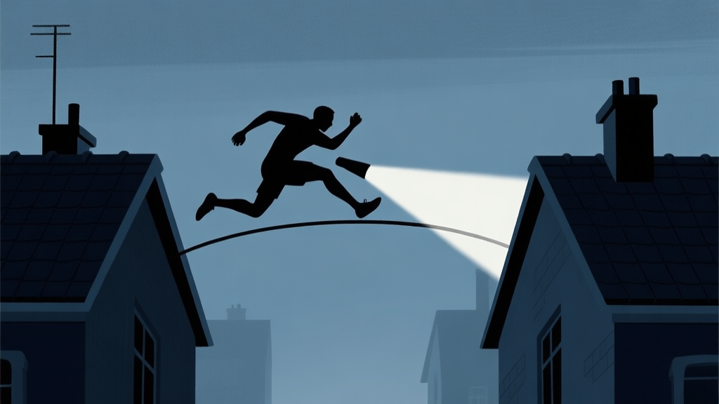 A silhouetted runner character mid-vault between two dark rooftops, with a sweeping searchlight barely missing them, muted dark blue and grey color palette, sense of tension and movement high quality illustration, detailed, 16:9