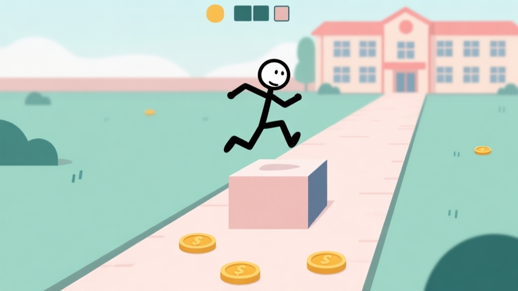 A minimalist side-scrolling game scene with a simple stickman character mid-jump over a geometric obstacle, soft pastel color palette, clean lines, showing a path with coins and a school building in the background high quality illustration, detailed, 16:9