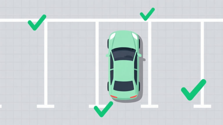自动生成图片: A top-down minimalist illustration of a car perfectly centered in a parking bay, with soft green checkmarks around it, against a light gray grid background, flat design style high quality illustration, detailed, 16:9