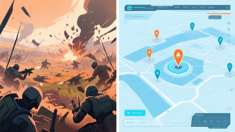 自动生成图片: Split-screen illustration showing a chaotic third-person view of a battlefield next to a clean, tactical top-down minimap with strategic markers, in a futuristic UI style with soft blues and oranges high quality illustration, detailed, 16:9