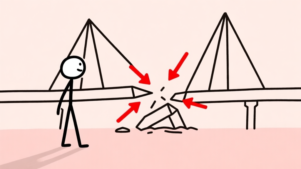A minimalist, playful illustration of a stickman figure observing a collapsing bridge made of simple lines and triangles, with red arrows indicating points of failure, soft pastel background high quality illustration, detailed, 16:9