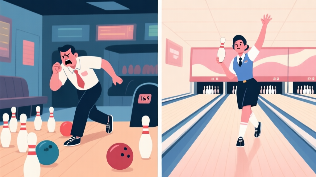 Split-screen illustration showing a frustrated bowler on the left with scattered pins and a confident bowler on the right with a perfect strike, in a stylized bowling alley setting, using a soft color palette high quality illustration, detailed, 16:9