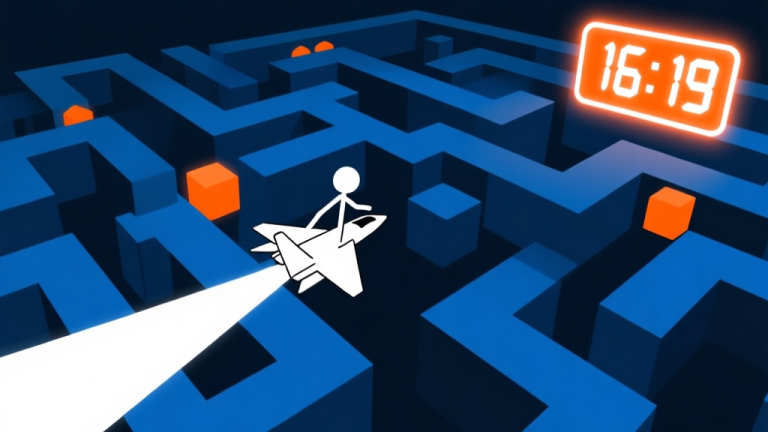 自动生成图片: A dynamic, minimalist game scene showing a stylized stick-figure jet navigating a complex maze of geometric obstacles, with a high-score counter glowing in the corner, using a palette of dark blue, neon orange, and white. high quality illustration, detailed, 16:9
