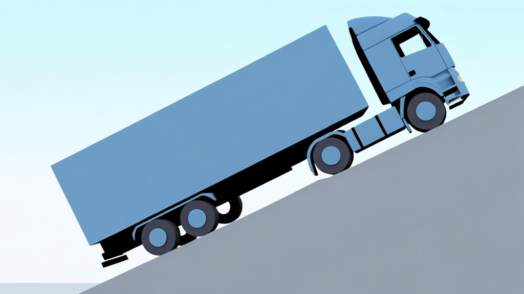 A minimalist 3D render of a abstract truck with a high center of gravity tilting on a slope, soft blue and grey color palette, flat design style, showing clear imbalance high quality illustration, detailed, 16:9
