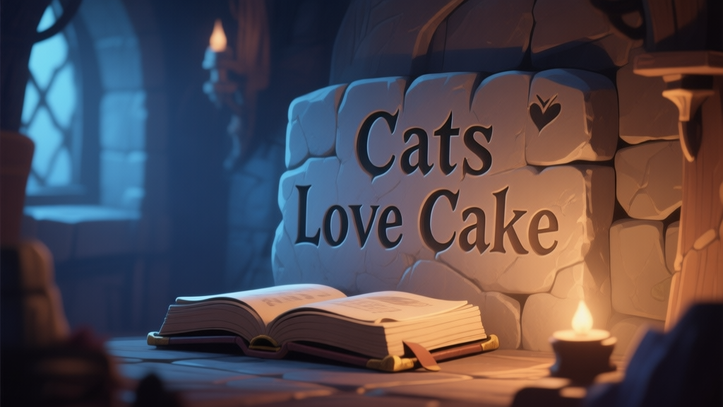 A cozy, softly lit game scene showing a mysterious, partially hidden phrase "Cats Love Cake" etched on a stone wall or an old book in a fantasy game setting, with a faint glow, muted color palette of blues and browns high quality illustration, detailed, 16:9