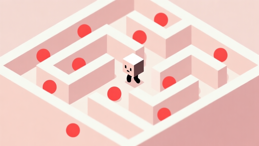 A minimalist, isometric illustration of a simple game level with a small square avatar trying to navigate a maze of moving red dots, soft pastel colors, clean lines, conveying a sense of tension and precision high quality illustration, detailed, 16:9
