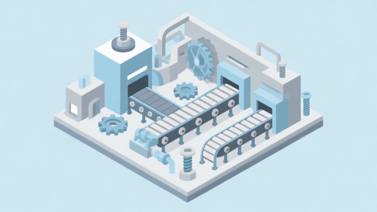 自动生成图片: Isometric view of a minimalist, complex factory level with conveyor belts, gears, and screws, in a soft blue and grey color scheme, flat design style high quality illustration, detailed, 16:9