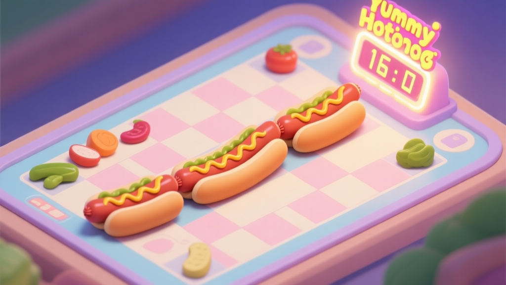 A stylized, top-down view of a Yummy Hotdog game board in soft pastel colors, showing a nearly perfect chain of matched hotdogs and ingredients, with a glowing high score counter in the corner high quality illustration, detailed, 16:9